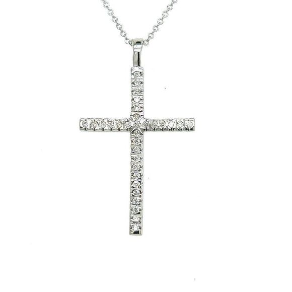 Natural Diamond Cross Pendant 17" Chain 14k White Gold 0.41 TCW Certified 307921 - Picture 1 of 13